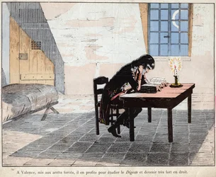 À Valence (prison) Napoléon en profite pour étudier le Digeste et devenir très fort en droit - Napoléon lit le Digeste et renforce ses connaissances en droit - lithographie de Job (Jacques Onfroy de Bréville) de "Le Grand Napoléon des Petites Enfants"