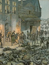 Jacques Marie Gaston Onfroy de Bréville dit JOB (1858-1931) - Histoire de Belgique : Dans la nuit du 27 au 28 octobre 1468, six cents Franchimontois surprennent les soldats français de Charles le Téméraire (1433-1477) et Louis XI (1423-1483) dans leur camp