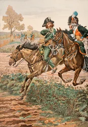 Jacques Marie Gaston Onfroy de Bréville dit JOB (1858-1931) - Tenue des troupes françaises à toutes les époques : Cavalier vendéen et piqueur (ou Piconnier) sur le cheval de la Légion germanique (1793), Collection privée
