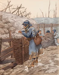 La lettre du pépère (poilu dans une tranchée écrivant à sa famille pendant la Première Guerre mondiale)