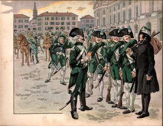 Joachim Murat (1767-1815) rejoint le Régiment des Chasseurs des Ardennes en 1787. Gravure de Jacques Marie Gaston Onfray de Breville dit Job (1858-1931)