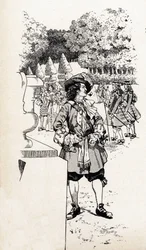Le roi Louis XIV de France appelé Roi Soleil (1638-1715) avec ses courtisans dans les jardins de Versailles. Illustration de Job (Jacques Marie Gaston Onfray et Breville) (Jacques-Marie) (1858-1931) pour le livre « Les grands mots historiques du pays de Fr