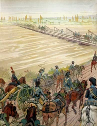 Napoléon Ier Bonaparte (1769-1821) et son armée passent le Rhin le 1er octobre 1805. Dans « Napoléon » de Georges Montorgueil. Illustration de Jacques Marie Gaston Onfray de Breville dit JOB (1858-1931)