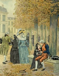 Napoléon Ier Bonaparte (1769-1821) rendant visite à sa sœur Elisa Bonaparte (1777-1820) à la maison royale de Saint-Cyr. Illustration de Jacques Marie Gaston Onfray de Bréville dit JOB (1858-1931)