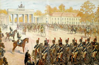 Le 27 octobre 1806, Napoléon Ier Bonaparte (1769-1821) et son armée entrent à Berlin. Dans "Napoléon" par Georges Montorgueil. Illustration de Jacques Marie Gaston Onfray de Bréville dit JOB (1858-1931)