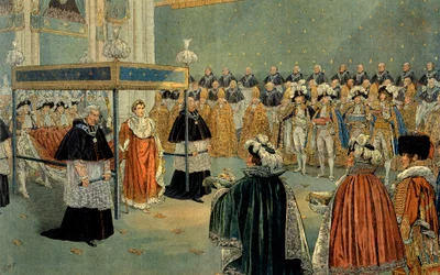 Représentation du sacre de Napoléon Ier (1769-1821) à la cathédrale Notre-Dame de Paris le 02/12/1804. Illustration de Jacques Marie Gaston Onfray de Breville dit JOB (1858-1931). Collection privée